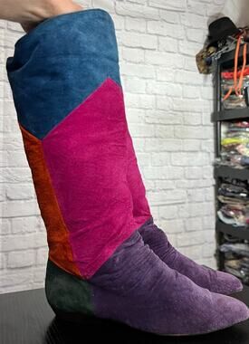 Amazing Vintage 80's Queen's Vibrant Suede Leather Colorblock Pointed Toe Boots